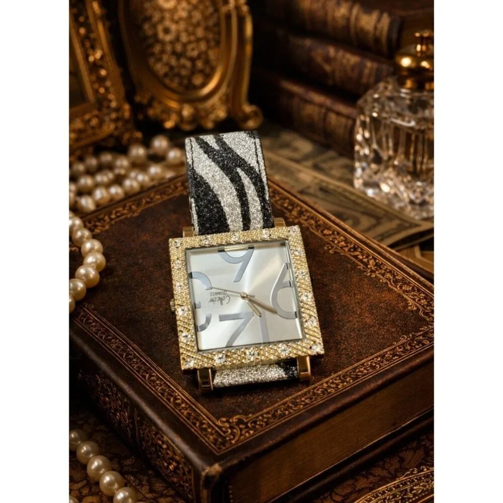 COLLEZIO Quartz Square Rhinestone Watch Zebra Strap Statement Fashion Watch